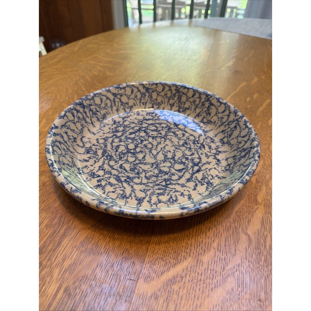 Robinson Ransbottom Pottery 9.5" Pie Plate Blue Spongeware Roseville Ohio USA
